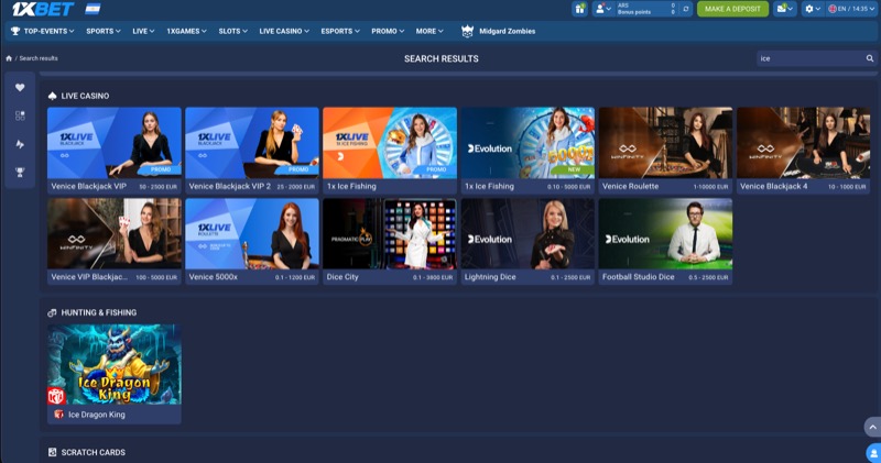 1xBet live casino search results showing Ice Fishing game