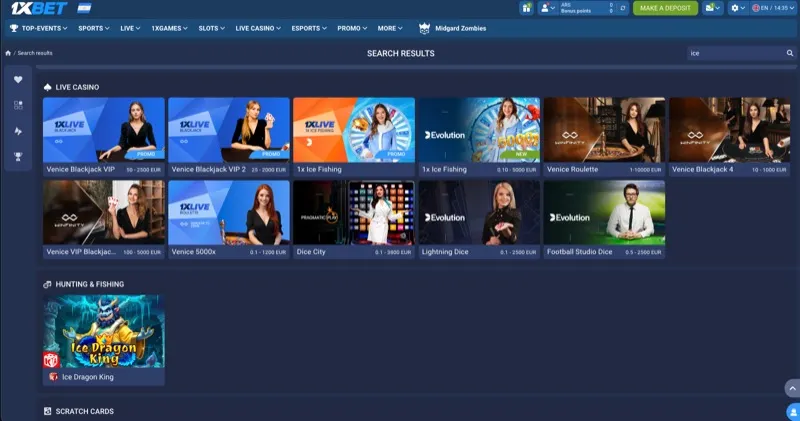 1xBet live casino search results showing Ice Fishing game