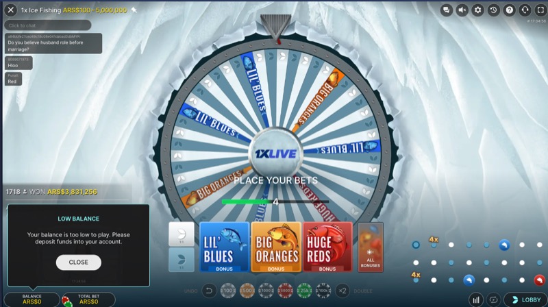 Ice Fishing betting interface showing Place Your Bets screen