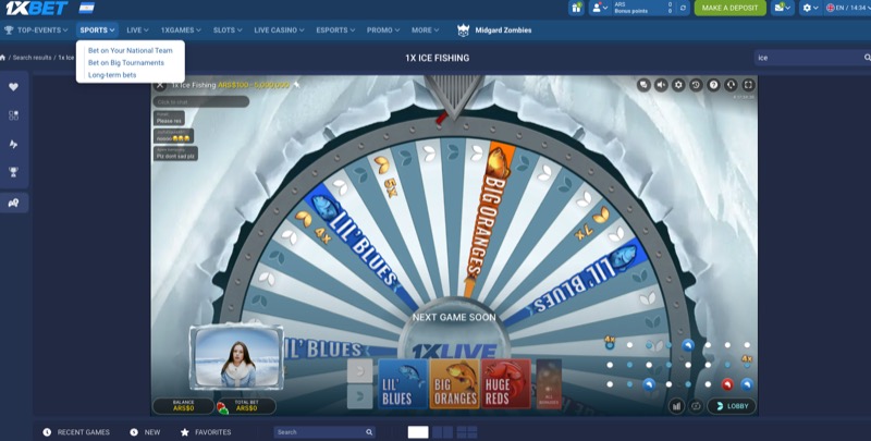 Ice Fishing wheel close-up on 1xBet showing segment layout with bonus positions