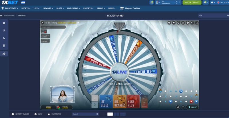 Ice Fishing wheel spinning on 1xBet showing segments including Lil Blues Big Oranges and Huge Reds